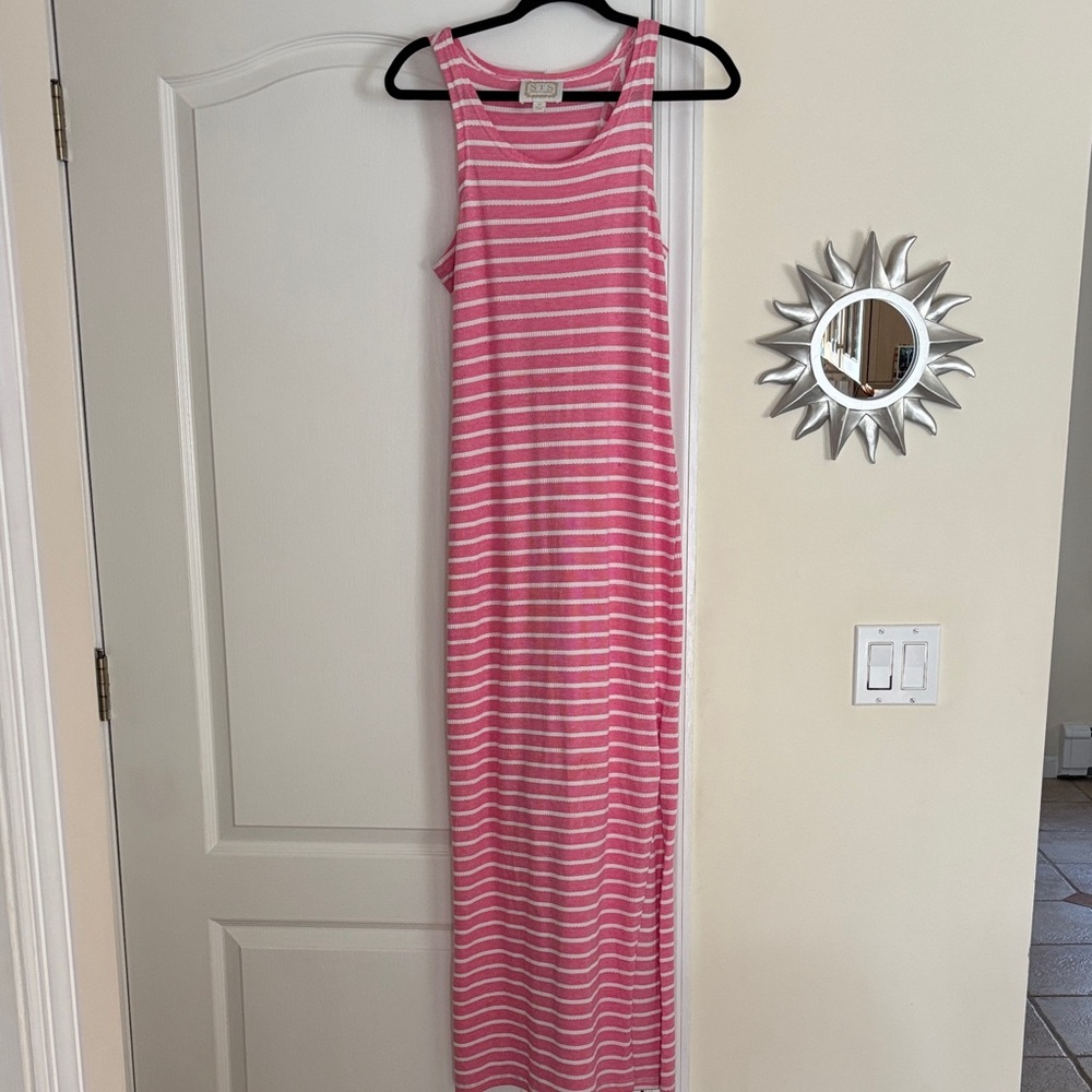 Sail to Sable Ladies Pink White Striped Slit Dress-XS